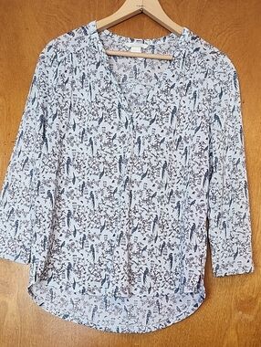H&M White Blouse with Navy Floral & Bird Print